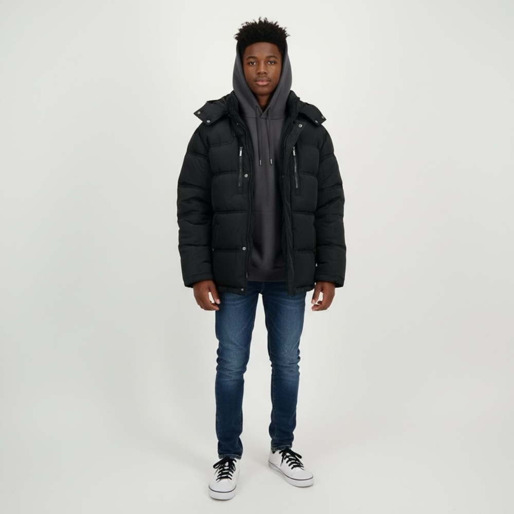 Men’s Black Hooded Puffer Jacket Zip Up Removable‎ Hood Insulated Winter Attire